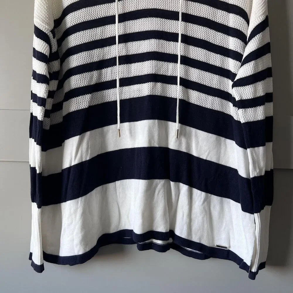 Tommy Hilfiger Sweater Womens Medium White Navy Stripe Lace‎ Up Hooded Pullover